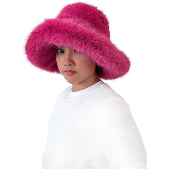 Oversized Winter Faux Fur Bucket Hat for Women Dark Pink - Picture 3 of 5